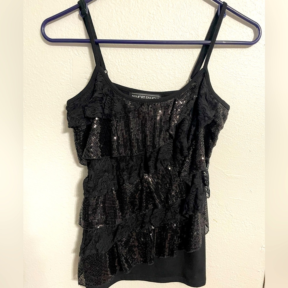 Black sequenced spaghetti strap top, almost famous from Macy’s. Size small